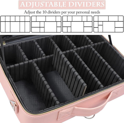 Travel Makeup Train Case,Large Capacity Cosmetic Bags for Women,Portable Makeup Bag Organizer with Adjustable Dividers & Shoulder Strap(Pink, L)