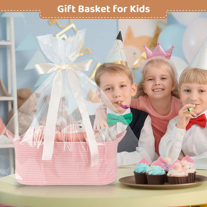 OIASKET Large Empty Gift Baskets for Baby Shower, 16.5" L x 12.6" W x 7" H Cute Woven Storage Basket with Gift Bags and Ribbons, Small Rope Toy Basket with Handles, Cat Dog Pet Toy Organizer - Pink