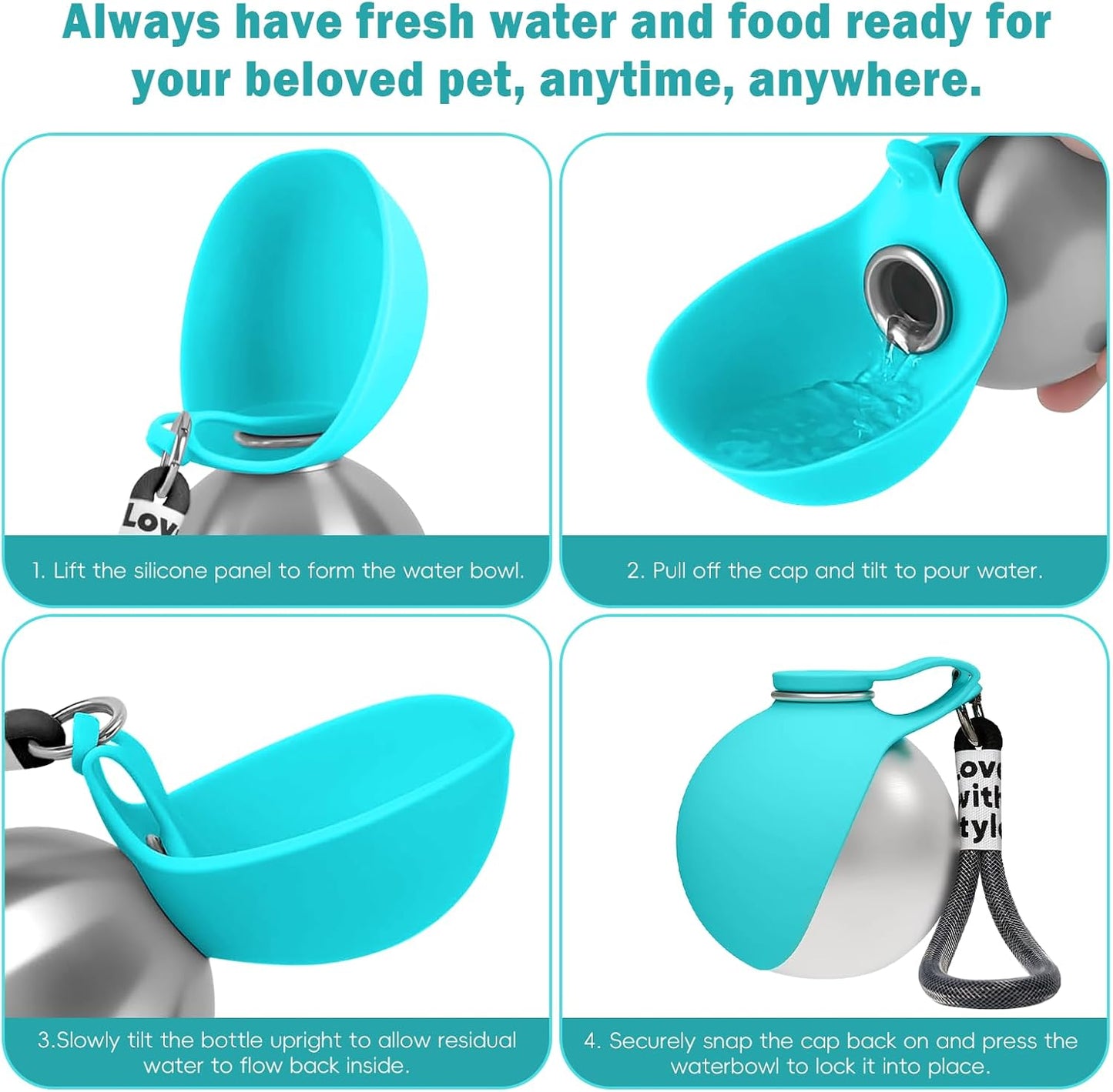 2 in 1 Portable Dog Water Bottle, 10oz Stainless Steel Leak Proof Pet Water Bottle with Foldable Silicone Bowl, Outdoor Travel Water Bottle for Dogs Walking Hiking Camping, 1 Pack Pink