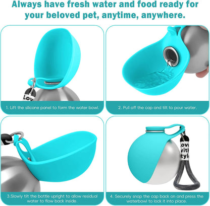 2 in 1 Portable Dog Water Bottle, 10oz Stainless Steel Leak Proof Pet Water Bottle with Foldable Silicone Bowl, Outdoor Travel Water Bottle for Dogs Walking Hiking Camping, 1 Pack Pink