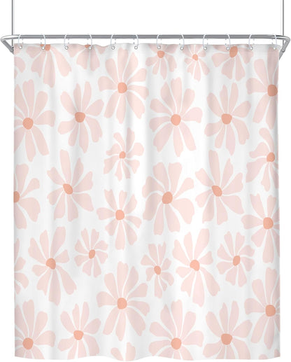 Riyidecor Long Blush Pink Daisy Floral Shower Curtain Boho Spring White Flower Cute Pretty Modern Aesthetic Girly 72Wx78H Inch Minimalist Fabric Decor Bathroom Polyester Waterproof 12 Pack Hooks