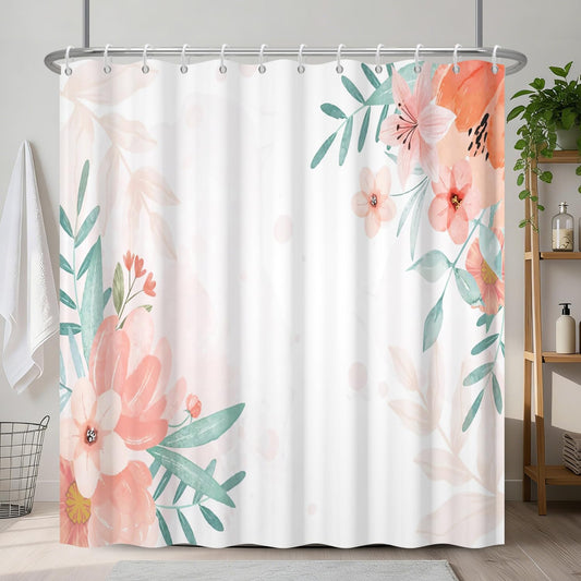 Blush Pink Floral Shower Curtain for Bathroom, Boho Spring Watercolor Flower Farmhouse Fabric Shower Curtain Set with 12 Hooks, Machine Washable Waterproof for Bathroom Decor, Weighted Hem, 72x72 Inch