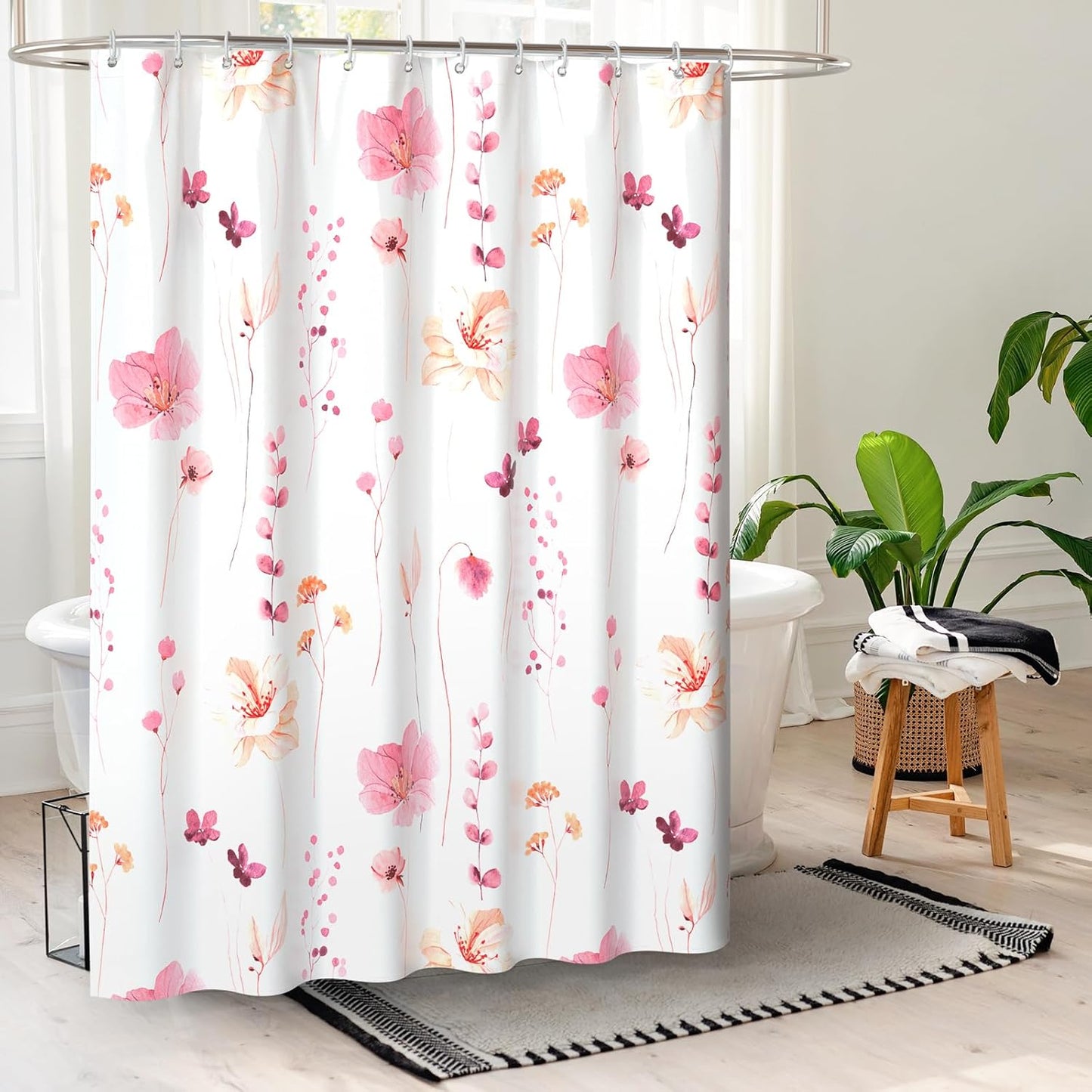 QiyI Watercolor Floral Shower Curtain, Flowers Print Minimalist Bathroom Curtain, Machine Washable Spring Modern Shower Curtains, Waterproof Fabric Shower Curtain Set with Hooks, 72 x 72, Peach Pink