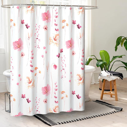QiyI Watercolor Floral Shower Curtain, Flowers Print Minimalist Bathroom Curtain, Machine Washable Spring Modern Shower Curtains, Waterproof Fabric Shower Curtain Set with Hooks, 72 x 72, Peach Pink