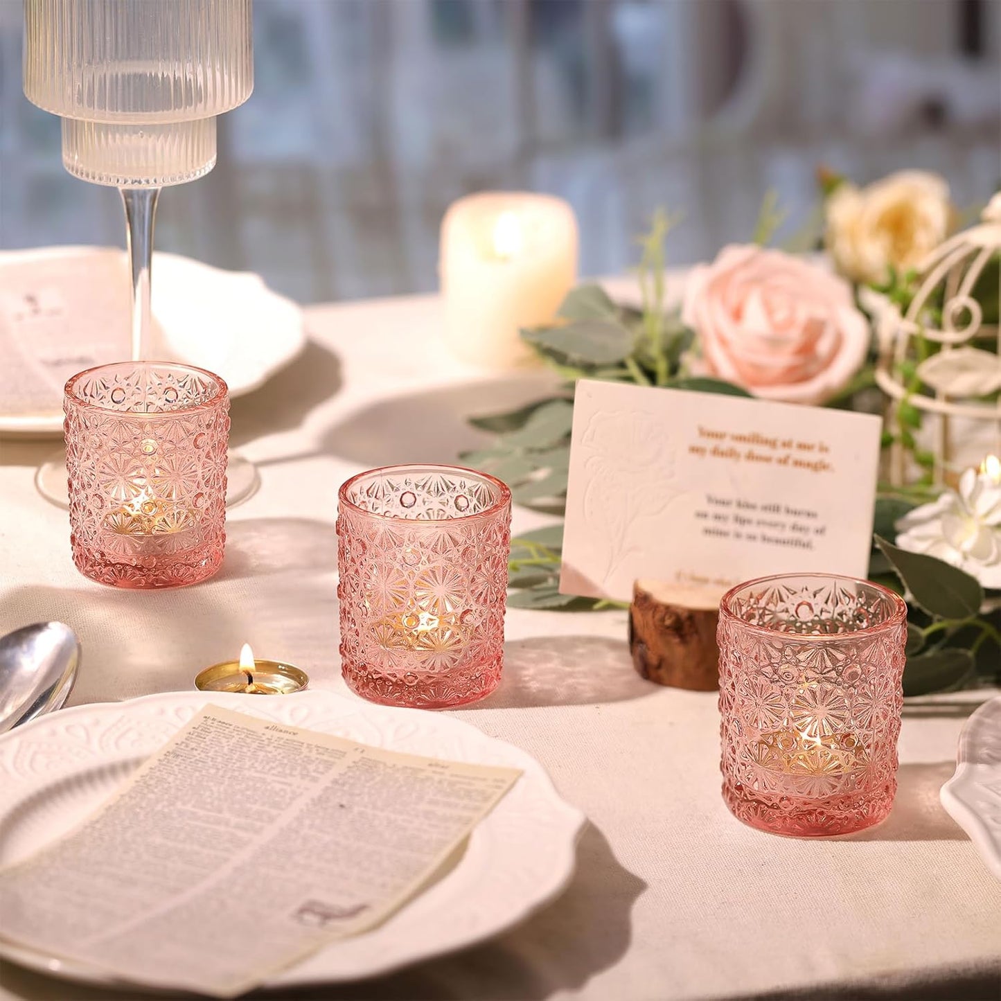 Lanttu 12 Pcs Pink Votive Candle Holders 2.2ʺ*2.6ʺ Tealight Candle Holders | for Wedding Table Centerpieces, Birthday Parties, Anniversary, Pink Bridal Shower and Holiday Decorations