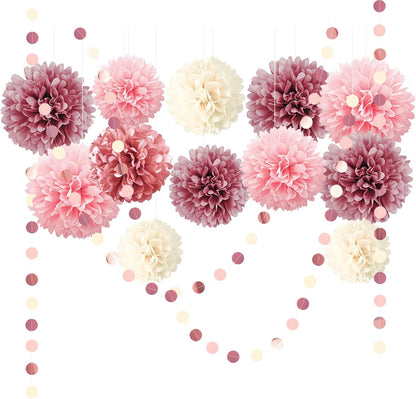NICROLANDEE 15PCS Dusty Rose Blush Pink Tissue Pom Poms Flowers for Wedding, Bridal Shower, Sweet Birthday, Baby Shower, Engagement, Bachelorettes, Valentine Pink Party Decorations Paper Garland
