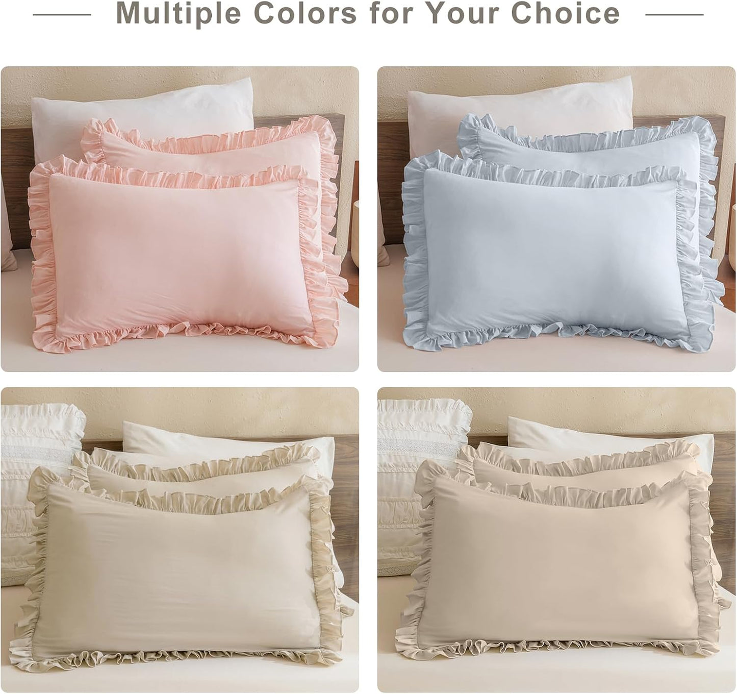 QSH Pink Ruffled Pillow Shams Queen Size Set of 2, Shabby Farmhouse Pillow Cases 20"x30", Boho Chic Bedding Pillow Covers Queen Ultra Soft and Breathable Microfiber Pillow Sham