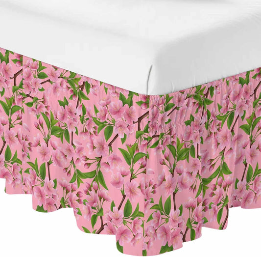 Pink Peach Flowers Bed Skirt Queen Size 16 Inch Drop, Adjustable Elastic Bedskirt Dust Ruffle for Queen Bed, Spring Botanical Watercolor Floral Leaf Wrap Around Bed Skirts Pleated Bed Frame Cover
