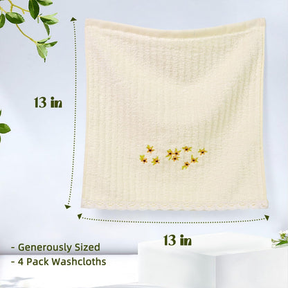 Jacquotha Bathroom Washcloths Face Towels 4-Piece, Floral Embroidered, Cotton, Pink & Cream 13” x 13"