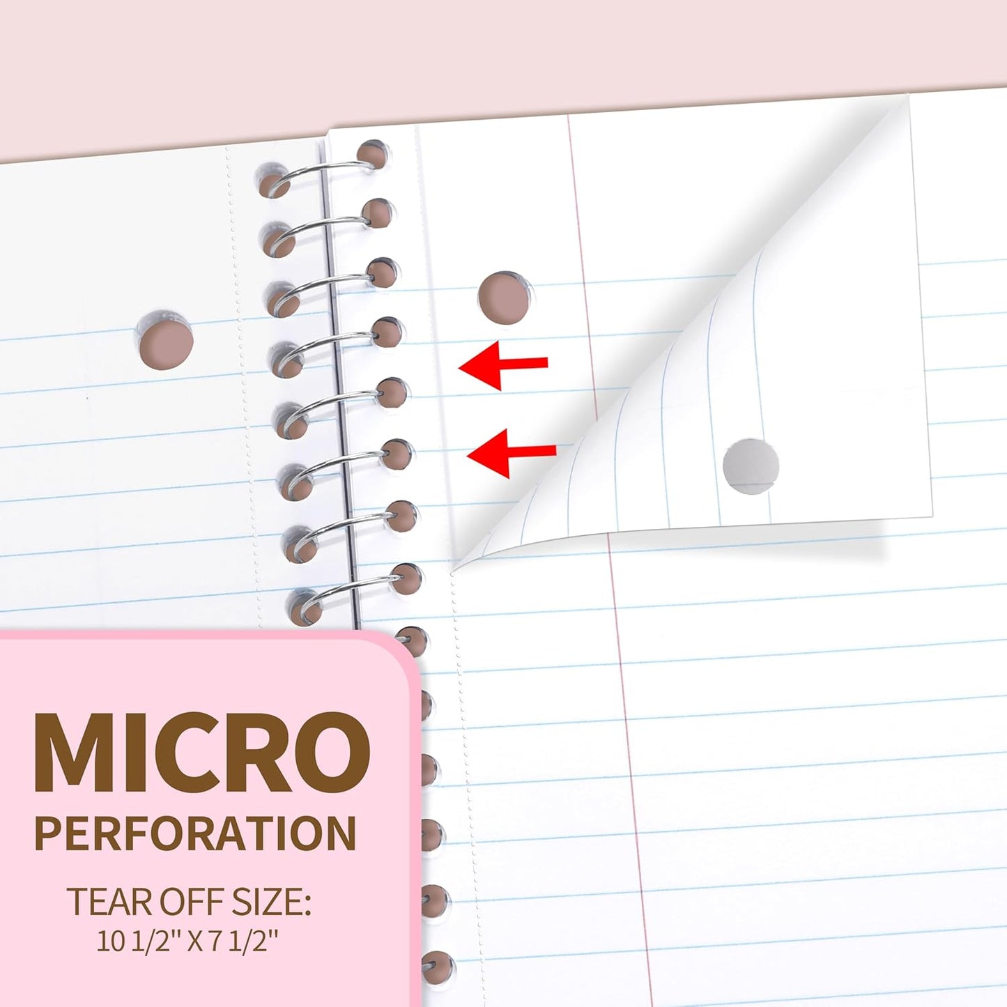 SUNEE Spiral Notebook, 1-Subject, College Ruled Paper, 8" x 10-1/2", 100 Sheets per Notebook, 3-Hole Punched Paper, Water Resistant Cover, Double-sided Pockets, Spiral Lined Notebooks for Work, Pink