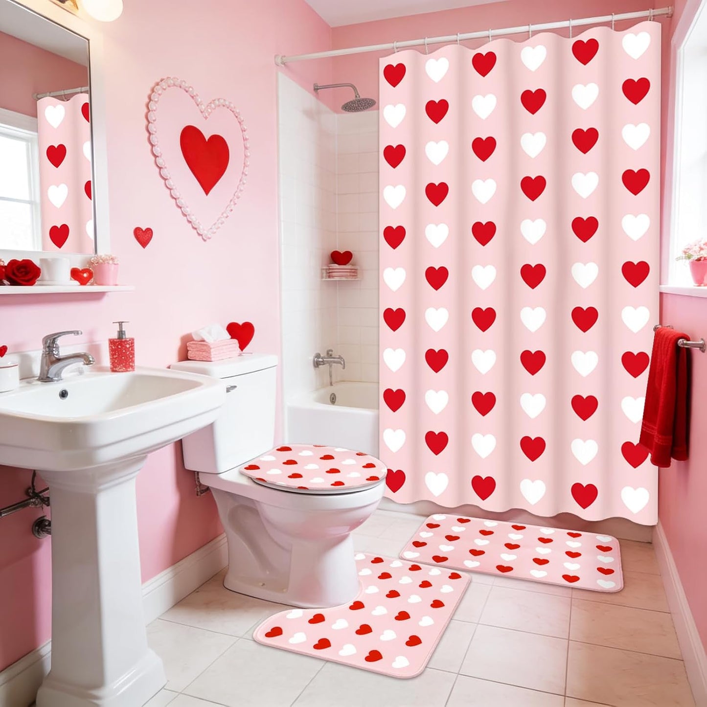 JarThenaAMCS 4Pcs Valentine's Day Bathroom Set Pink Red White Heart Non-Slip Bath Mat U-Shaped Toilet Rug Toilet Lid Cover Shower Curtain with Hooks for Home Hotel Accessories Decoration