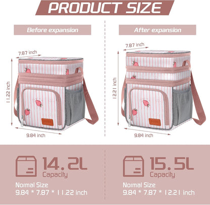 ZRSUN Insulated Lunch Bag for Women Men, Reusable 3 Layers Lunch Box Women, Expandable Reusable Water-resistant Lunch Box for Work Travel Office Picnic Hiking (Pink)