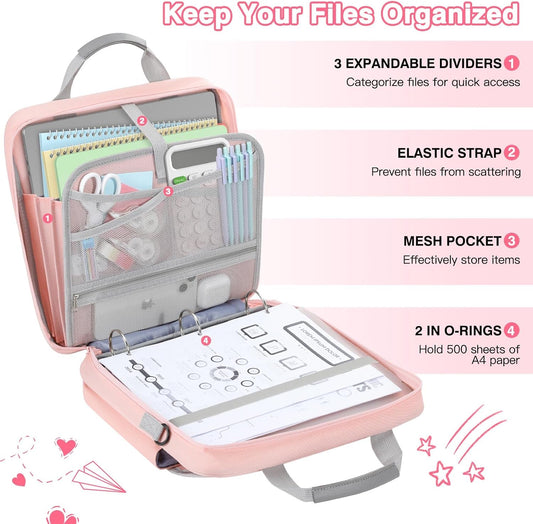 MoKo Zipper Binder Bag, 2 Inch 3 Ring Zipper Binder with Detachable Backpack Strap + Shoulder Strap, 500 Sheets Capacity, Multi-Pocket School Bag Fits 13'' Tablets, 14'' Laptops, Books, Pink