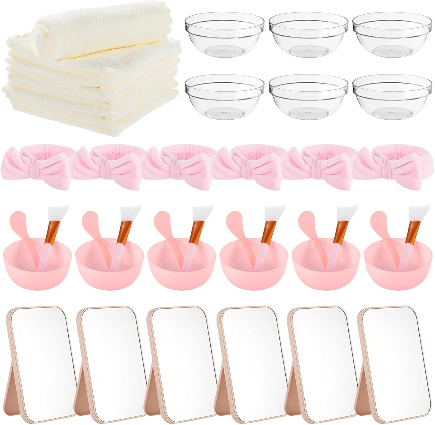 Lnrueg 6 Sets Pink Spa Party Supplies for Women, Facial Mask Bowl with Brush Spatula Headband Towel and Folding Mirror, DIY Spa Kit for Sleepover Bridal Shower Slumber Party Favor