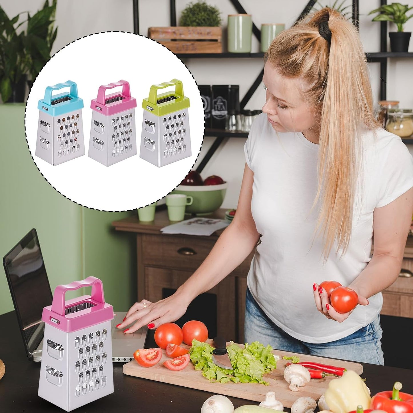COMNICO Mini Cheese Grater, 3Pcs Stainless Steel Box Grater with Handle Professional Cheese Slicer Graters for Kitchen Slicer Cheese Ginger Vegetable (Blue/green/pink)