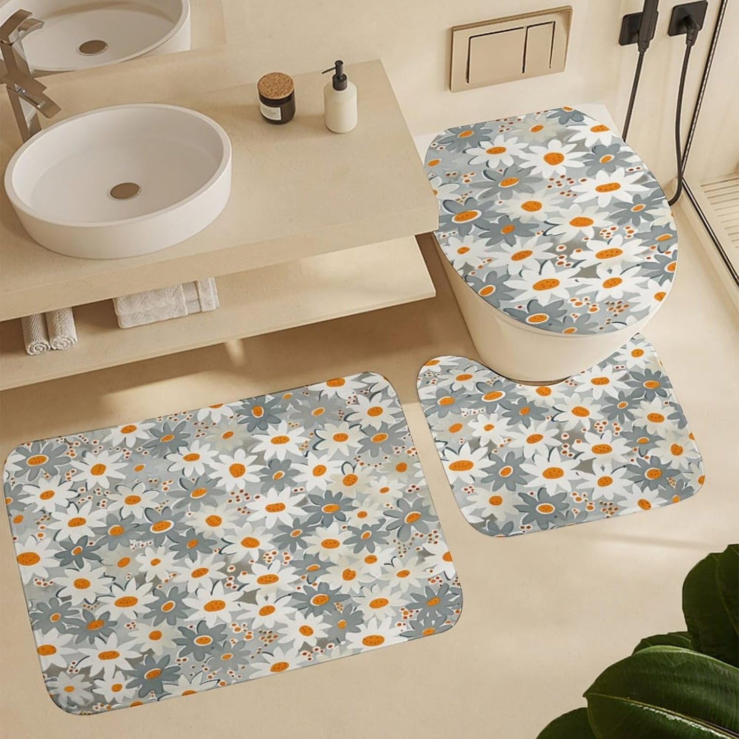 Bathroom Rugs and Mats Set 3 Piece Nonslip Small Daisies in Light Grey and White Bath Rug and U-Shape Contoured Toilet Mat & Toilet Lid Cover Mat Blush Pink Flower Bath Carpet Bath Mats 20"x32"