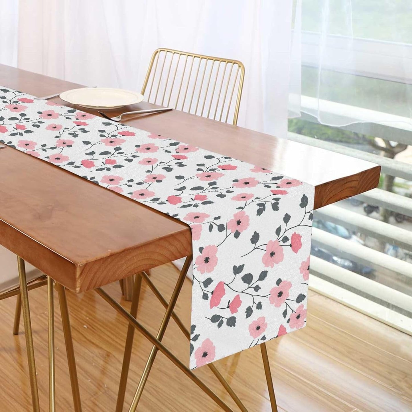 Boho Simple Style Florals Peach Autumn Table Runner, 13x70inches, Wedding Decorations Reusable White Table Runner 70" Long