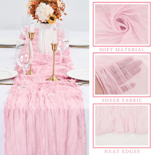 6 Pieces Light Pink Cheesecloth Table Runner 10FT Pink Runner for Tables Gauze Fabric Boho 35 x 120 Inches Long Table Runner Decoration Rustic Sheer Runner for Wedding Baby Birthday Party Light Pink