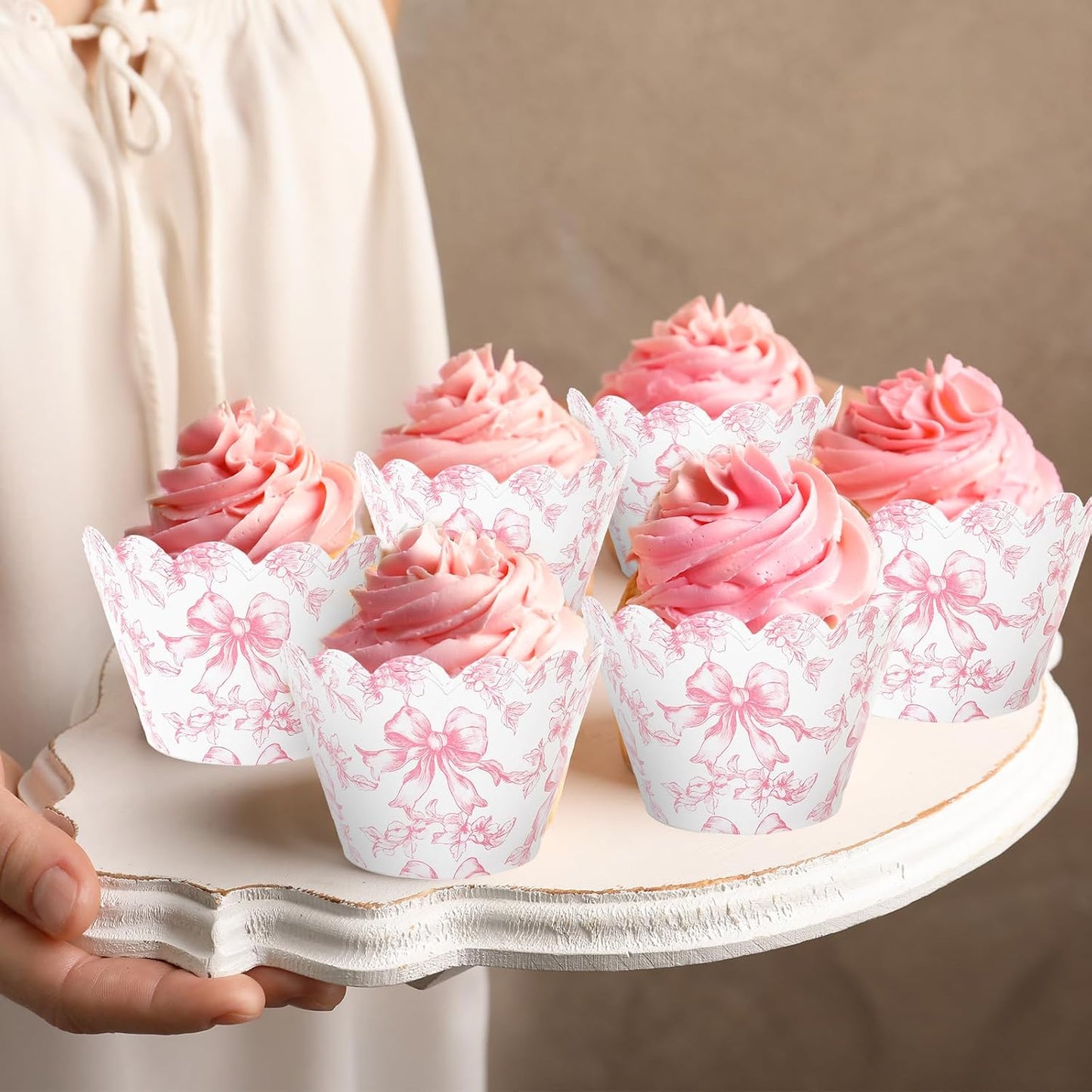 Whaline 48Pcs Pink Floral Bow Cupcake Wrappers Paper Cupcake Liners Chinoiserie Flower Bow Decorative Dessert Holders for Birthday Baby Shower Wedding Party Supplies