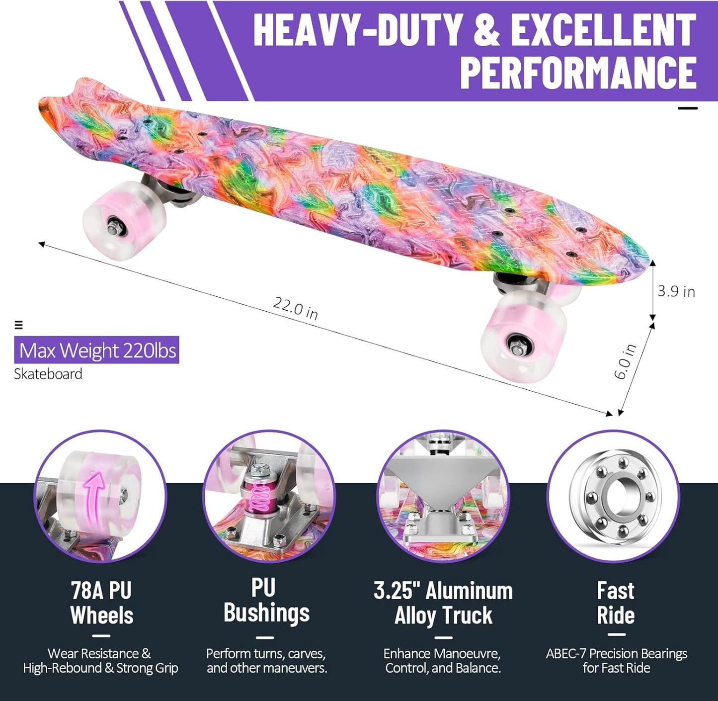 BELEEV 22 inch Skateboards for Kids, Cruiser Skateboard for Beginners Girls Boys Teens Adults, Mini Skateboards Classic Complete Skate Board with Skate T-Tool, Max Load 220 LBS