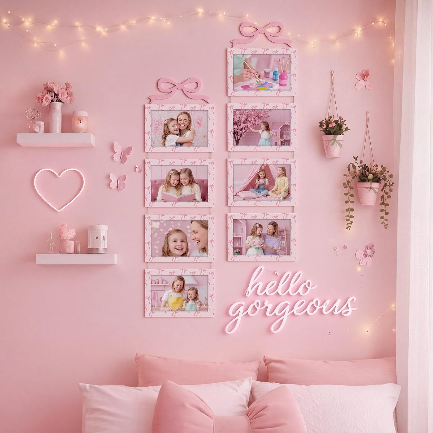 Novabright 2 Sets 4 x 6 Pink Bow Collage Picture Frames Wall Hanging with 8 Openings Coquette Pink Wooden Collage Photo Frames Wall Mounted Preppy Aesthetic Room Decor for Women Bedroom Living Room
