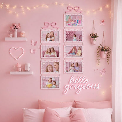 Novabright 2 Sets 4 x 6 Pink Bow Collage Picture Frames Wall Hanging with 8 Openings Coquette Pink Wooden Collage Photo Frames Wall Mounted Preppy Aesthetic Room Decor for Women Bedroom Living Room