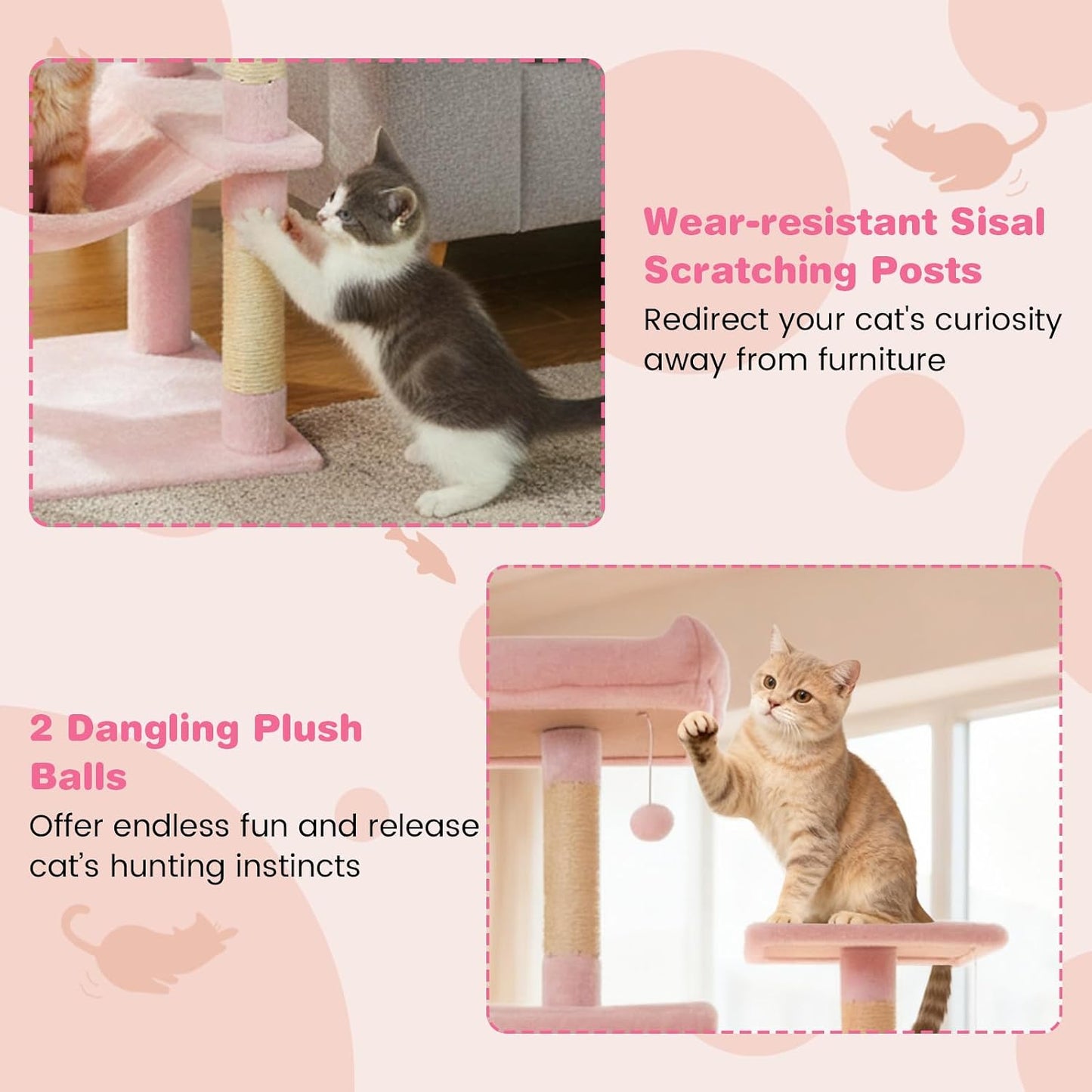 Tangkula Pink Cat Tree for Indoor Cats, 75 Inch Extra Tall Cat Tower with Sisal Scratching Post, Padded Top Perch, Dual Condos, Hammock, 2 Dangling Balls, Platforms, Multi-level Cat Climbing Furniture