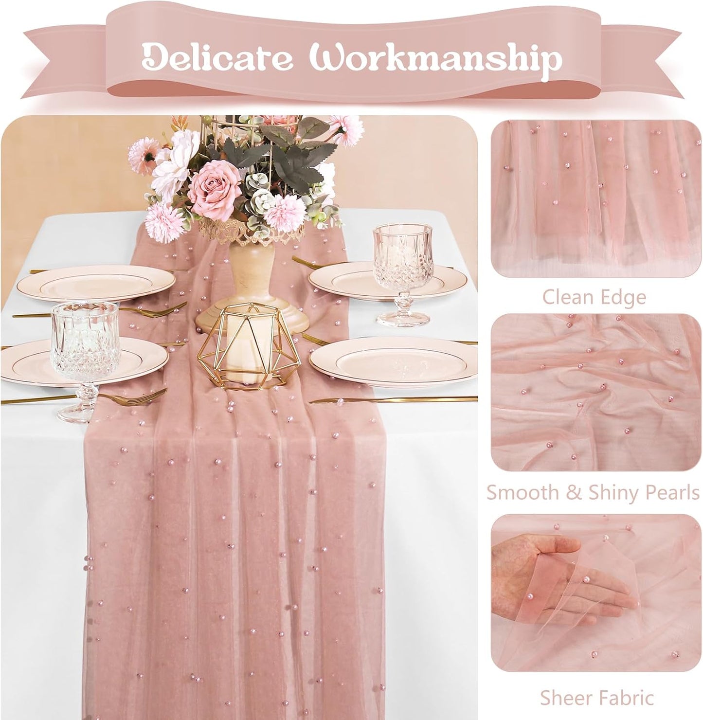 12 Pack 10FT Pearl Table Runner 30x120 Inch Dusty Pink Tulle Fabric Boho Rustic Sheer Table Runners Lace Table Cloth for Wedding Bridal Shower Birthday Party Arch Veil Dessert Table Decor (Dusty Pink)