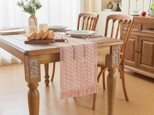 YATOJUZI Pink Table Runner Pure Pink Boho Table Runners with Tassels 48 Inches Seasonal Small Table Runner Rustic Farmhouse Table Runners for Bohemian Dining Bedroom Kitchen Decor 12x48 Inches