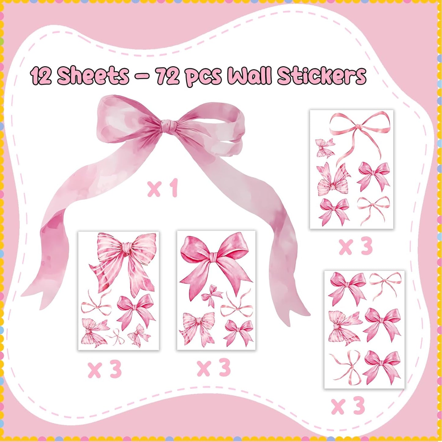 WallWhim Pink Bow Stickers for Kids Room, Bow Wall Decor Stickers for Teens Girls, 13 Sheets 72 Pcs UV PVC DIY Removable Stickers for Nursery, Bedroom, Classroom Decor