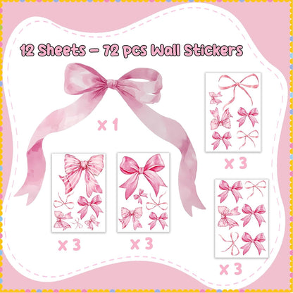 WallWhim Pink Bow Stickers for Kids Room, Bow Wall Decor Stickers for Teens Girls, 13 Sheets 72 Pcs UV PVC DIY Removable Stickers for Nursery, Bedroom, Classroom Decor