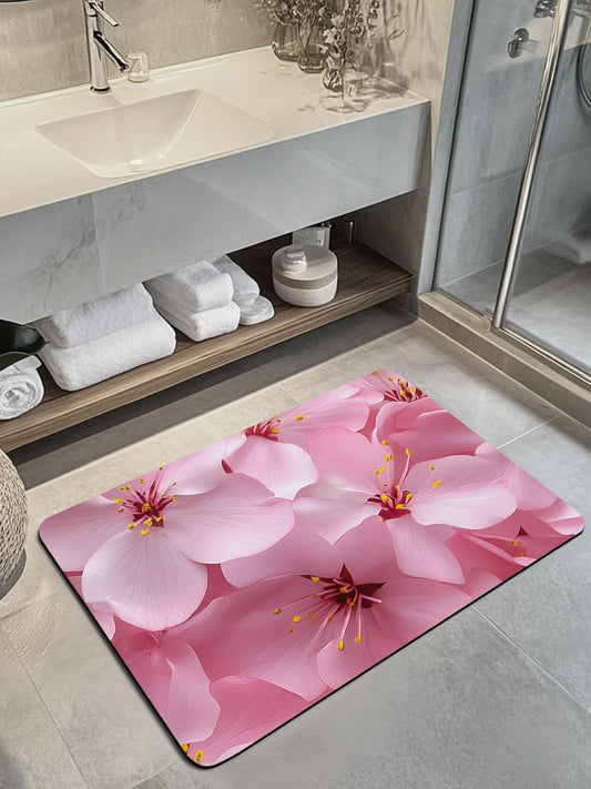 Spring Pink Cherry Blossoms Non Slip Bathroom Mat, Pastoral Watercolor Flower Absorbent Bath Mat Non-Slip Rubber Backed Quick Dry Doormat Fit Under Door for Bathroom Kitchen 20"x32"
