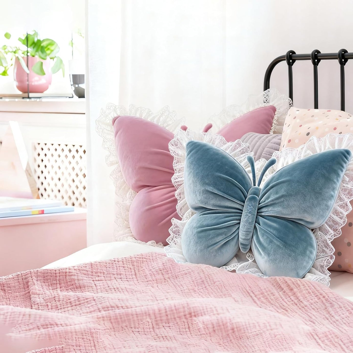 PEACH CAT Butterfly Pillow with Lace Trim Decorative Butterfly Shaped Throw Pillows 16" x 16" Soft Plush Cushion Decor for Bedroom Living Room Sofa Couch Pink