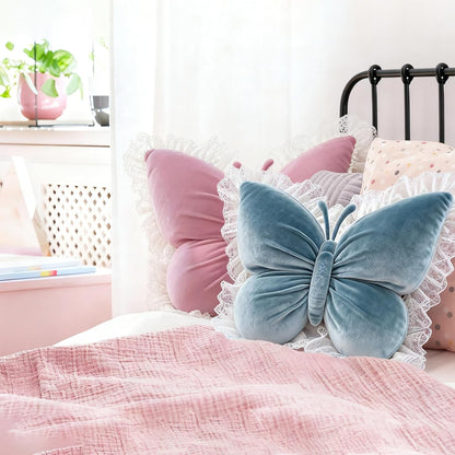 PEACH CAT Butterfly Pillow with Lace Trim Decorative Butterfly Shaped Throw Pillows 16" x 16" Soft Plush Cushion Decor for Bedroom Living Room Sofa Couch Pink