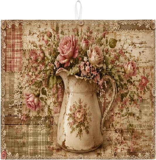 Vintage Floral Dish Drying Mats for Kitchen Counter, Rustic Peach Rose Absorbent Dish Drainer Rack Mat, Shabby Chic Microfiber Drying Pad for Kitchen Counter Home Decor 16x18 Inch