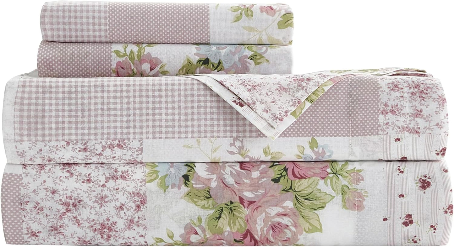 Chezmoi Collection Rosy 4-Piece Floral Patchwork Cotton Sheet Set Queen - Ivory Green Pink Flower Polka Dot Floral Patchwork Printed 100% Cotton Bed Sheets