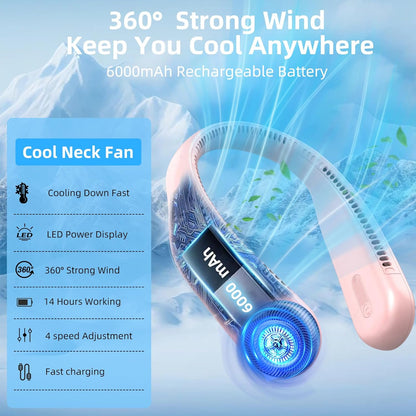 Portable Neck Fan, Personal Wearable Bladeless Fan, 6000mAh USB Rechargeable, 360° Cooling, LED Display, 4-Speeds, Hands Free Fan for Outdoor Indoor, Birthday Gifts for Men Women Dad Mom (Pink)