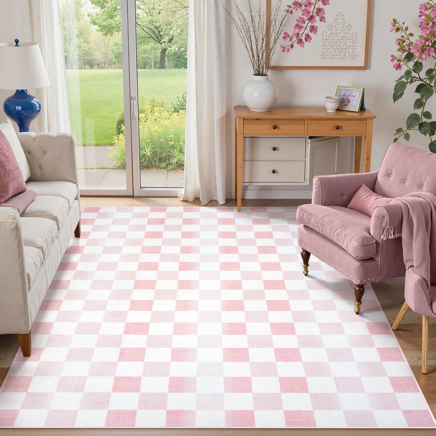 Seavish Ombre Checkered Rug, 5x7 Washable Pink Rugs for Bedroom Aesthetic, Low Pile Soft Non-Slip Modern Checkerboard Area Rug for Living Room Kids Room Nursery Playroom Dining Room
