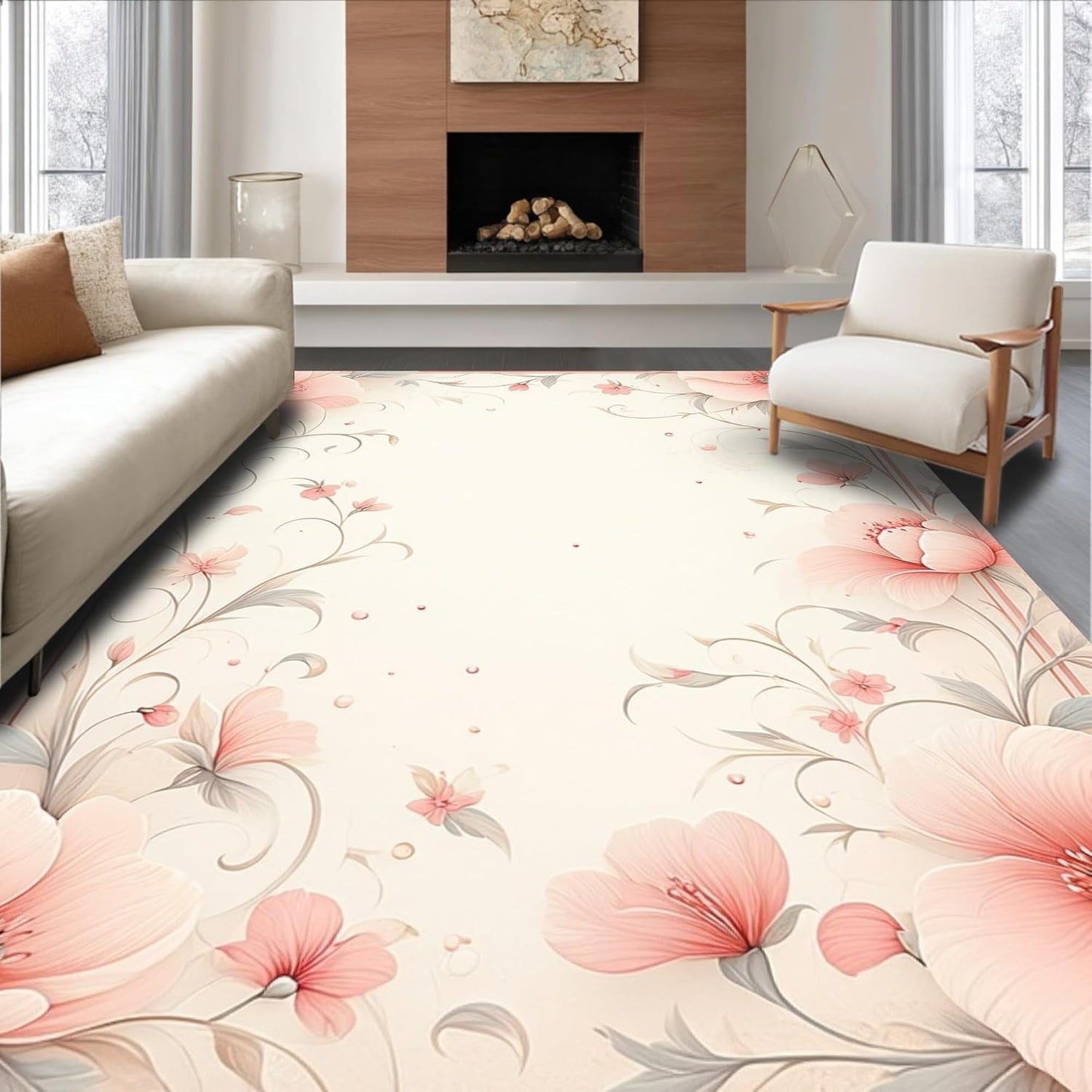 Flatwoven High Traffic Area Rug 8x10, Delicate Blush Inspired Floral Motif with Petals and Swirls, Non Slip, Stain Resistant, Washable Area Rugs for Living Room, Bedroom (Peach, 8x10, Pad)