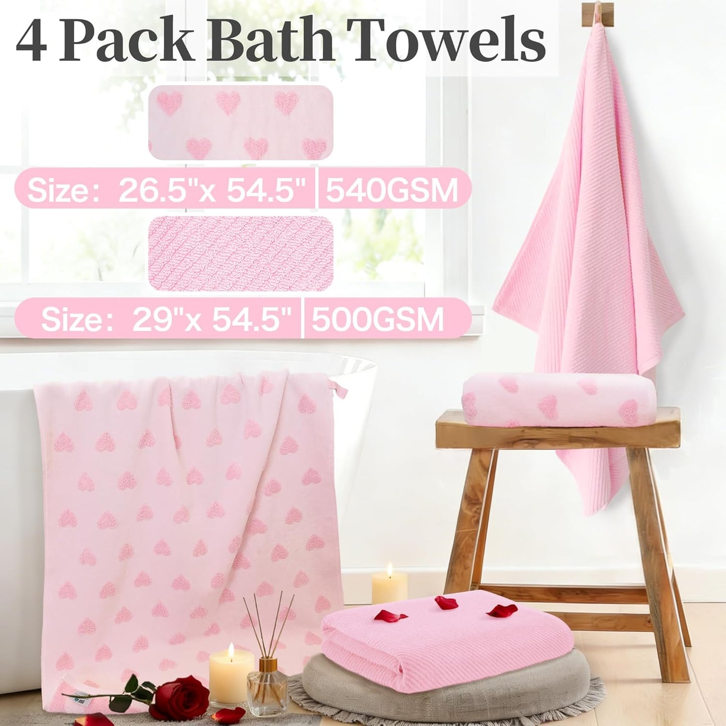 VOOVA & MOVAS Pink Bath Towels 4-Pack, 100% Soft Cotton 26.5" x 54.5" Quick Dry Absorbent Thick Towels with Jacquard Heart Design