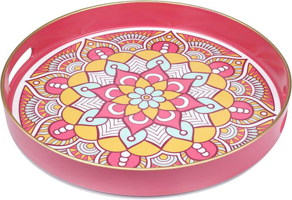 Round Pink Decorative Tray for Coffee Table, Ottoman, 13” Plastic Serving Platter Tray with Handles for Entertaining, Living Room