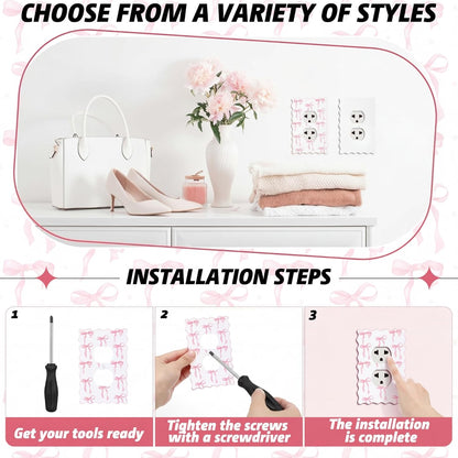 Relaxweex 4 Pcs Pink Bow Light Switch Cute Cover Outlet Covers Pink and White Switch Wall Plate Metal Toggle Electric Outlet Cover for Room Bedroom Home Decor (Round Hole)