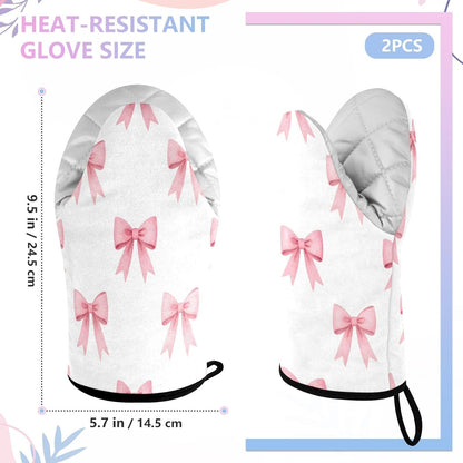 Pink Bows Ribbons Non-Slip Oven Mitts Set Heat Resistant Kitchen Gloves with Quilted Liner Cotton Machine Washable with Hanging Loop for Baking Grilling BBQ