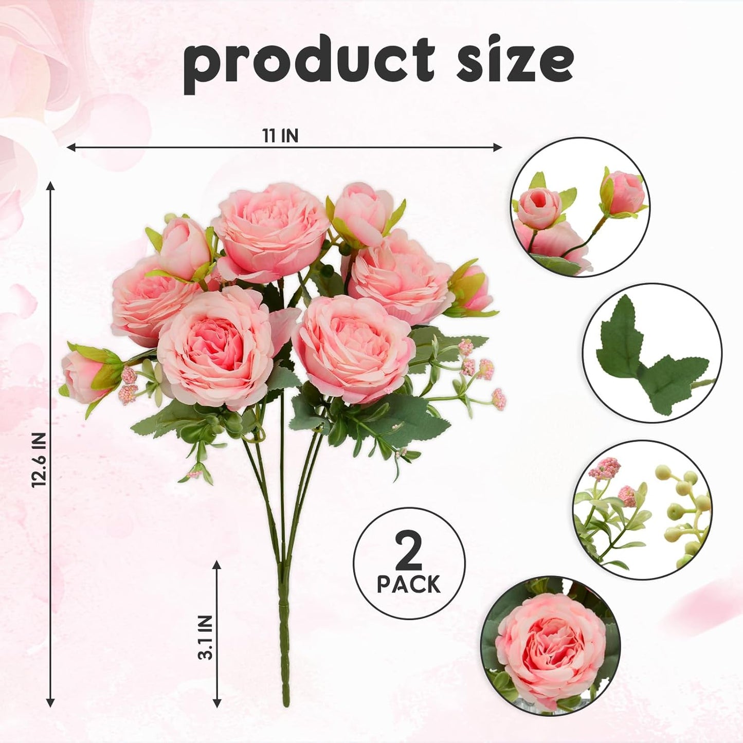 2 Pack Artificial Flowers Bouquet, 10 Pcs Austin Roses Silk Flowers Heads, Fake Peonies Flower for Home Decor Table Centerpieces Wedding Bridal Bouquet Mother's Day Valentine's Day, Pink