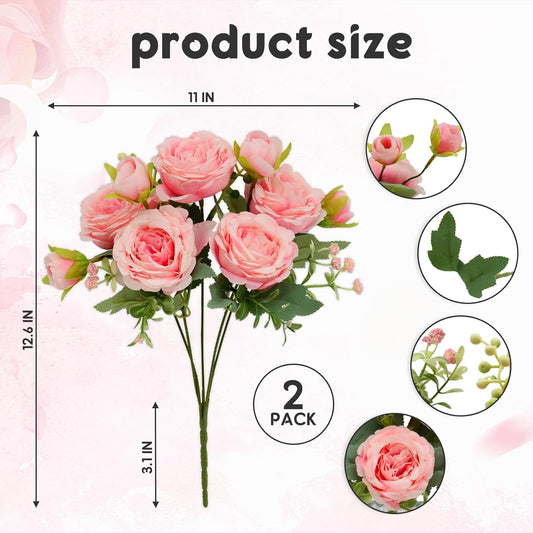 2 Pack Artificial Flowers Bouquet, 10 Pcs Austin Roses Silk Flowers Heads, Fake Peonies Flower for Home Decor Table Centerpieces Wedding Bridal Bouquet Mother's Day Valentine's Day, Pink
