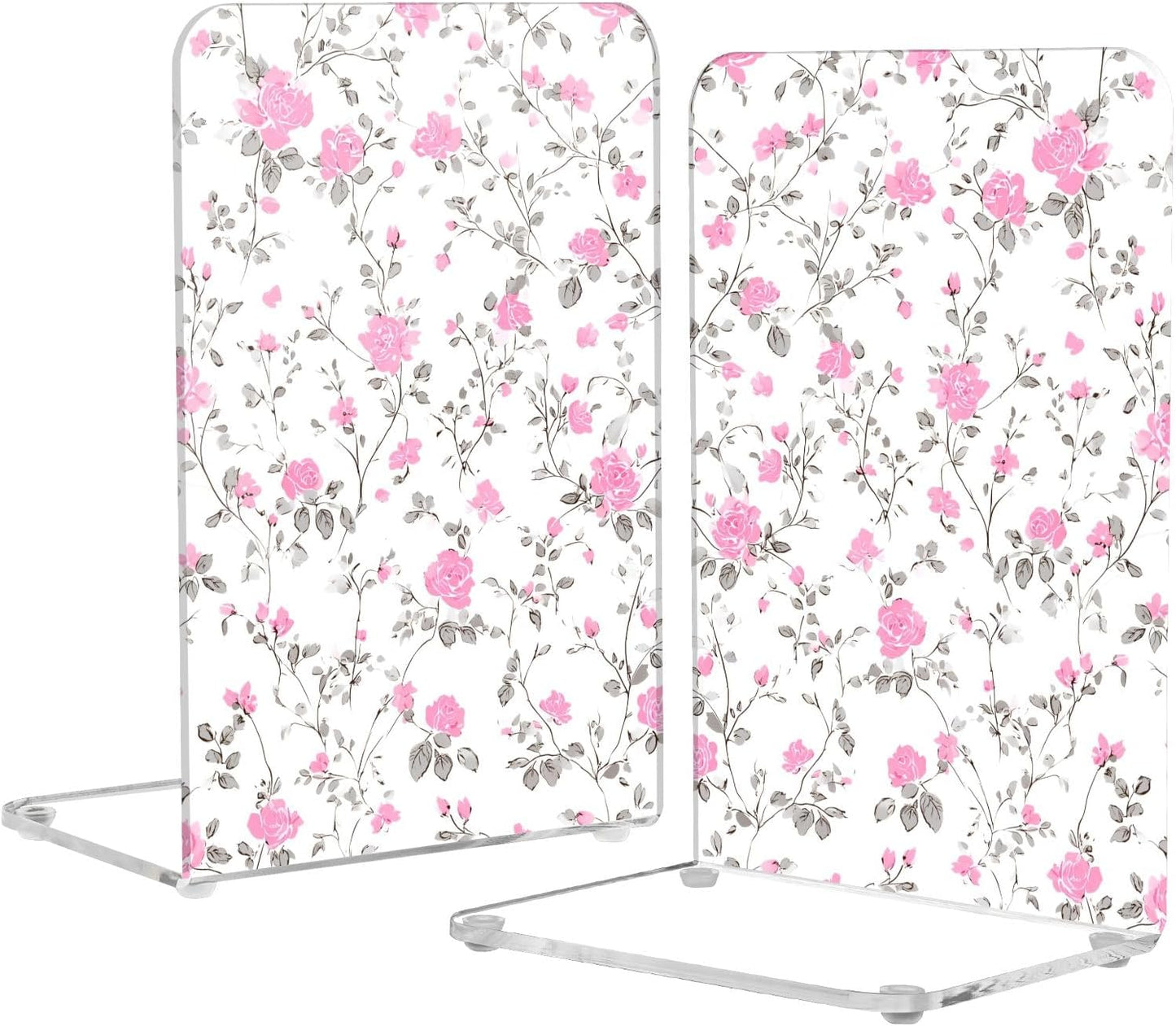 Light Pink Floral Small Bookends Book Ends for Shelves Heavy Books Stopper Decorative Acrylic Non-Slip 1 Pair