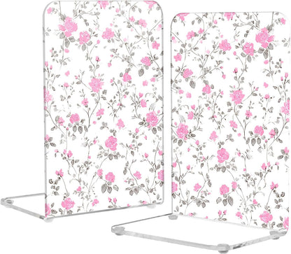 Light Pink Floral Small Bookends Book Ends for Shelves Heavy Books Stopper Decorative Acrylic Non-Slip 1 Pair