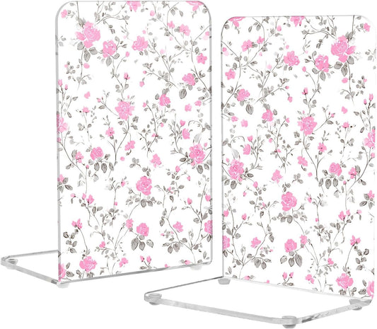 Light Pink Floral Small Bookends Book Ends for Shelves Heavy Books Stopper Decorative Acrylic Non-Slip 1 Pair