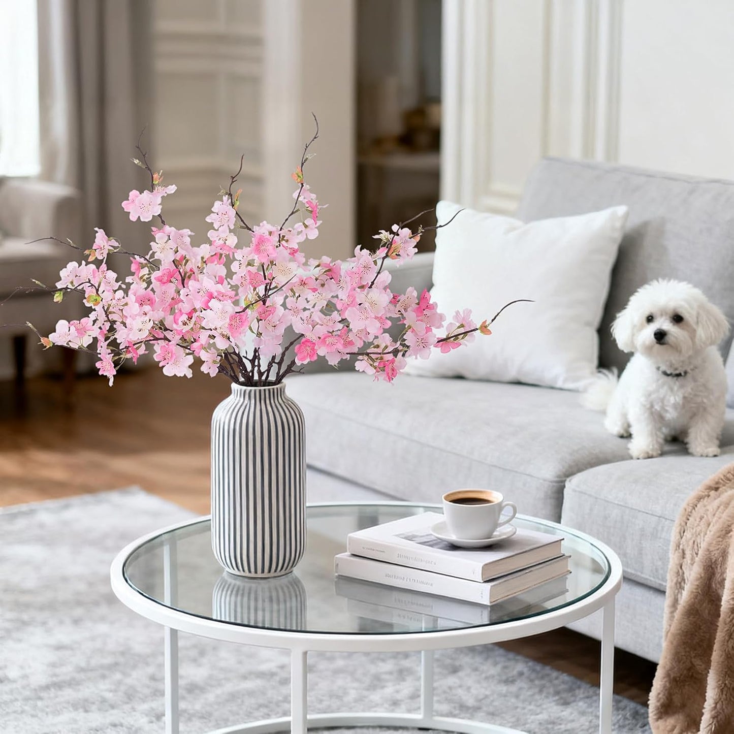 INXUGAO 12 PCS Faux Cherry Blossom Branches Decor 18.11 Inch Fake Artificial Cherry Flowers for Home Indoor Decoration Vase Arrangement Table Living Room Bedroom Spring Decor