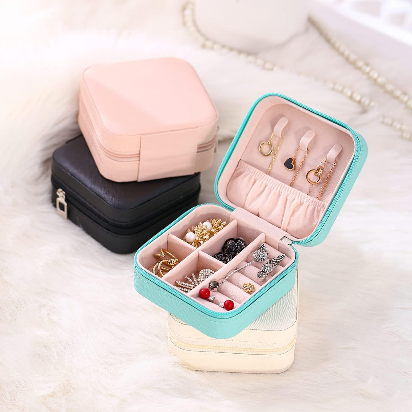 TRODANCE Mini Jewelry Case, Small Travel Jewelry Organizer, Portable Jewelry Box Mini Storage Organizer Display Box For Rings Earrings Necklaces (Pink-4)